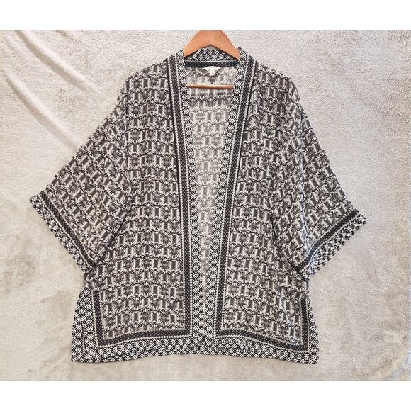 Max Studio Womens Black White Tribal Print Open Kimono Top Size Small Flowy - Picture 1 of 10